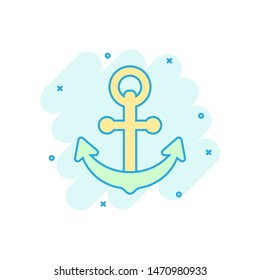 Boat anchor sign icon in comic style. Maritime equipment vector cartoon illustration on white isolated background. Sea security business concept splash effect.