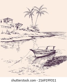 Boat anchored sea shore near the beach  relaxation in nature vector hand drawing