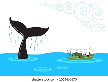 A boat approaches a tail of cetacean animal like the whale as it emerges up from the ocean. Editable Clip Art.