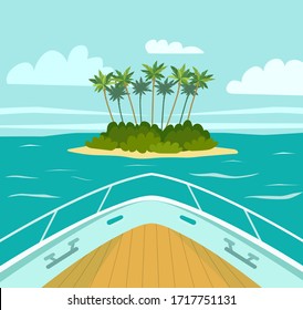 
The boat approaches a tropical island in the sea. View from the bow of the boat. Vector flat style illustration.