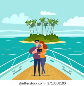 The boat approaches a tropical island in the sea. On deck, man and woman take selfies. View from the bow of the boat. Vector flat style illustration.
