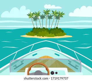The boat approaches a tropical island in the sea. View from the bow of the boat. Vector flat style illustration.