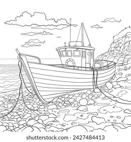 Boat ashore a pebble beach, coloring book page design, vector