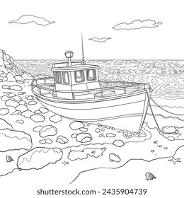 Boat ashore a pebble beach, coloring book page design, vector