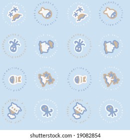 boat, baby fish and island sealife seamless vector pattern
