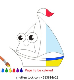 Boat to be colored, the coloring book to educate preschool kids with easy kid educational gaming and primary education of simple game level. The colorless half of picture to be colored by sample half.