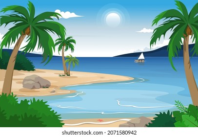 Boat Beach Landscape View Sea Vacation Holiday Tropical Vector Illustration