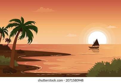 Boat Beach Landscape View Sea Vacation Holiday Tropical Vector Illustration