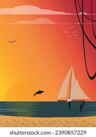 Ilustración de vectores tropicales de vacaciones marítimas en barco y paisaje de playa