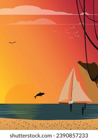 Boat and Beach Landscape View Sea Vacation Holiday Tropical Vector Illustration