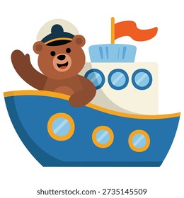 Barco com capitão de urso dirigindo ilustração vetorial isolada no fundo branco