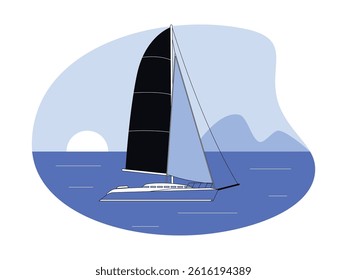Boat with big sails, on blue sky background, yacht vector illustration.