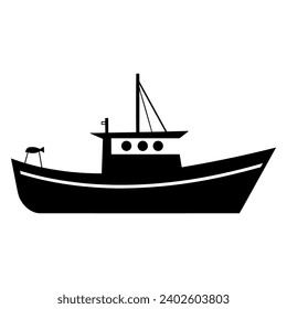 Boat black silhouette is isolated on a white background. Black shape of a sailboat is in a side view.