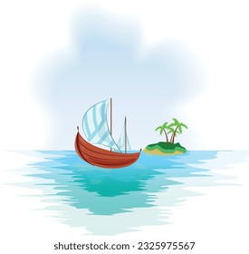 A boat with blue and white striped sails. A ship with an island and palms on the background. A sailboat on the sea. Vector illustration