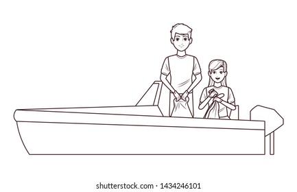 boat boarding with two person with cleaning tools icon cartoon in black and white vector illustration graphic design