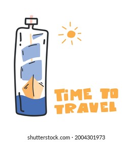 Boat in a bottle. Cute marine illustration. Vector image, clipart, editable details.