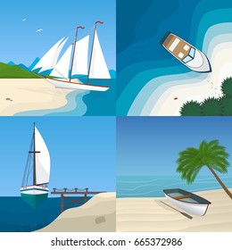 Boat by the sea flat vector illustration. Set of scenes with ships at beach shore. Paradise Island. Summer vacation holidays concept. Ship and palm tree on the ocean. Yacht at the pier.
