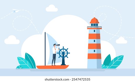 Boat captain control steering wheel helm. Business vision and leadership. Businessman, rudder helm, lighthouse points way to success. Business navigation, strategic analysis. Vector illustration