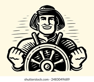 Logo del capitán del barco. Marinero retro en la rueda del timón, emblema de patrón de mar. Ilustración vectorial dibujada a mano