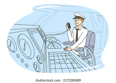 Boat captain in uniform talk on radio set. Man in ship or ferry cabin command with marine center. Vector illustration. 