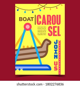 Boat Carousel kreative Werbung Poster Vektorgrafik. Freuen Sie sich auf das Werbebanner für Kinder, das sich auf dem Viking- oder Piratenschiff "Extreme Carousel for Children" befindet. Vorlagendesign-Vorlagenfarbendarstellung am Boden