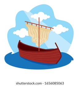 boat cartoon on lake outdoor. vector illustration