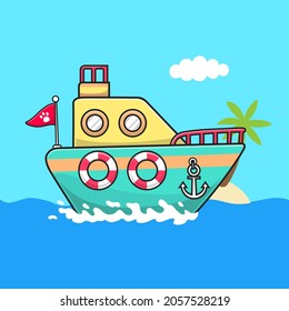 Ilustración del icono del vector de dibujos animados en barco. Concepto de icono de objeto de transporte Vector Premium aislado. Estilo de dibujo plano