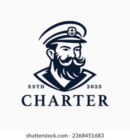 Boat charter captain logo. Mustache bearded sailor icon. Maritime skipper emblem. Vintage nautical seafarer symbol. Vector illustration.