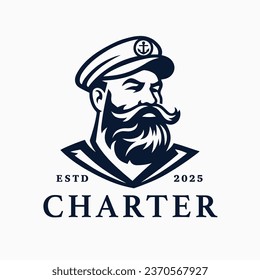 Boat charter captain logo. Mustache bearded sailor icon. Maritime skipper emblem. Vintage nautical seafarer symbol. Vector illustration.