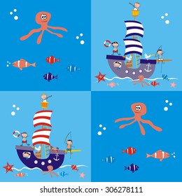 boat and children, vector icon, wallpaper, blue background