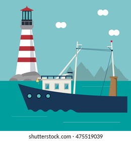 boat cloud lighthouse ship sea ocen transportation icon. Colorful and flat design. Blue background. Vector illustration