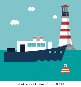 boat cloud lighthouse ship sea ocen transportation icon. Colorful and flat design. Blue background. Vector illustration