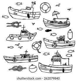 Boat collection in black and white, in vector