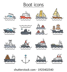 Conjunto de iconos de la línea de color del barco