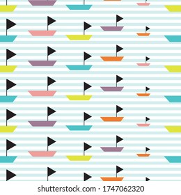 boat colorful with blue and white strips seamless repeat pattern