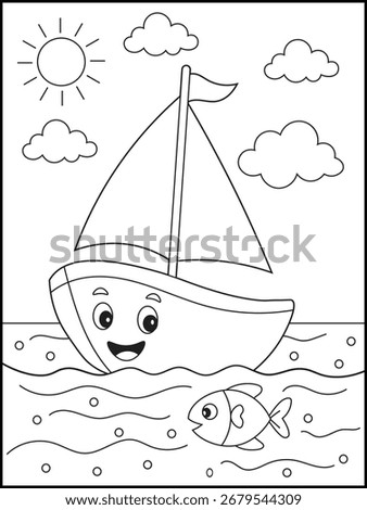 Boat coloring page for kids featuring a smiling cartoon sailboat on the water with a fish, waves, sun, and clouds.