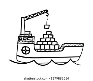 Boat container hand drawn. Large boat carrying goods