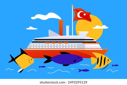 Crucero en barco a Turquía - Ilustración vectorial de colores modernos con transporte de agua para un Grande número de personas, peces tropicales marinos, bandera roja nacional. Tiempo para las vacaciones de verano y idea de descanso exótico