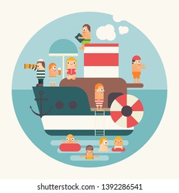 Boat with Cute Tourists. Cartoon People Swimming, Relaxation, Vacation at Sea. Vector Illustration. Flat Design.