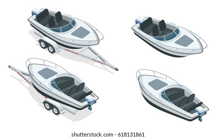 Boat Or Cutter On A Trailer. The Launching Of A Small Motor Boat At A Ramp. Flat 3d Isometric High Quality Water Transport