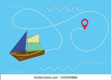 Boat, dashed line trace and navigation pointer. Romantic travel concept