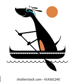 Boat dog. Comic cartoon dog floating on the waves in a canoe
