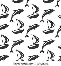 Boat and dolphin seamless monochrome pattern. Simple marine background. Vector illustration.