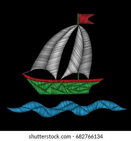 Boat embroidery stitches imitation isolated on the black background. Design colorful element for logo, label, emblem, sign, poster, t-shirt print. Vector embroidery illustration.