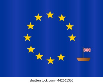 A boat with England flag is leaving from European flag.