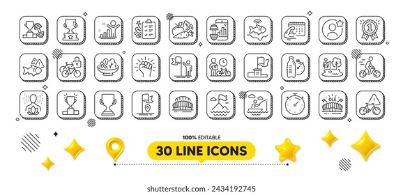 Boat fishing, Bike courier and Fish line icons pack. 3d design elements. Fishing place, Dumbbell, Sports stadium web icon. Empower, Salad, Reward pictogram. Vector