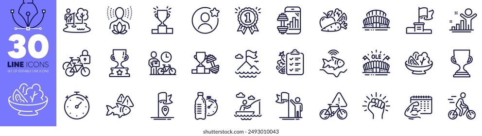 Boat fishing, Bike courier and Fish line icons pack. Fishing place, Dumbbell, Sports stadium web icon. Empower, Salad, Reward pictogram. Mountain flag, Fitness calendar, Yoga balance. Vector