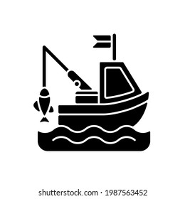 Boat fishing black glyph icon. Commercial fishing. Fresh sea food. License for fishing from boat. Fishing trawler on water. Silhouette symbol on white space. Vector isolated illustration