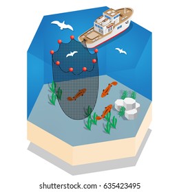 The boat for fishing. Isometric. Vector illustration.