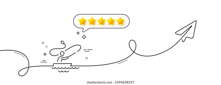 Boat fishing line icon. Continuous line with share plane. Fisherman with spinning rod sign. Catching fish symbol. Five star rate review in speech bubble. Boat fishing single line ribbon. Vector